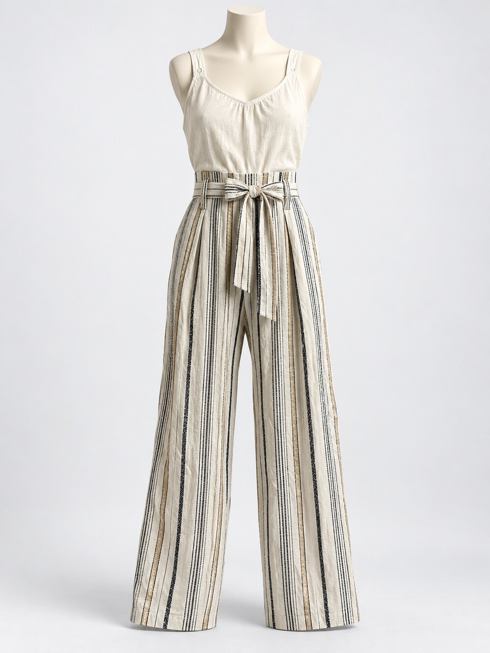 Striped Linen Cotton Jumpsuit Medium Cream Sleeveless Wide Leg Tie Waist